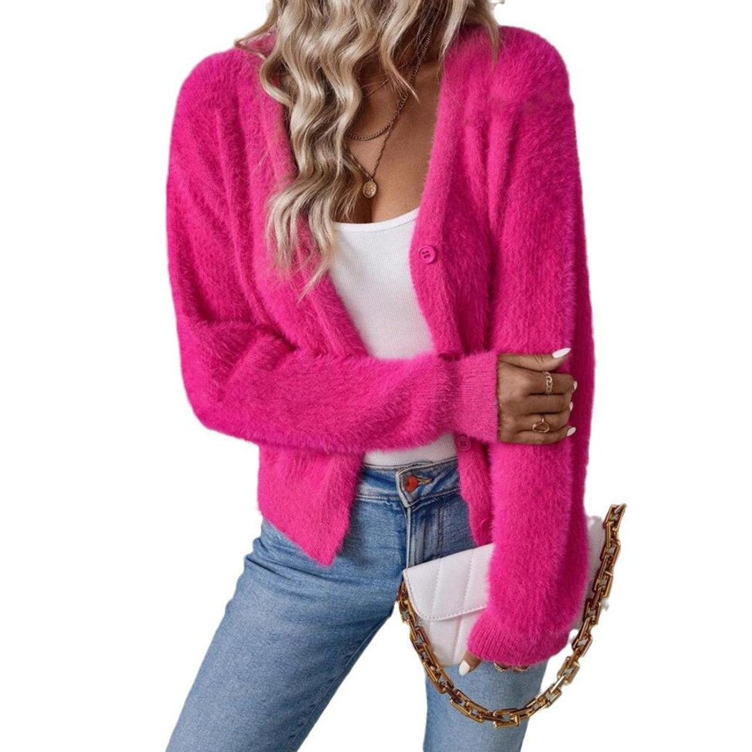 Harlow fuzzy cardigan, back view showing plush knit texture