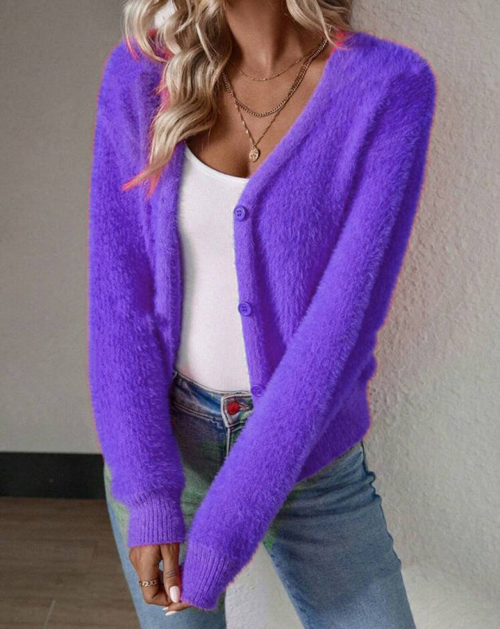 Harlow fuzzy cardigan in gray, front view with coffee cup