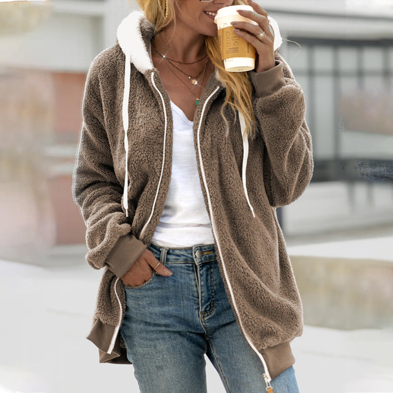 Harlow hooded teddy coat in beige, front view