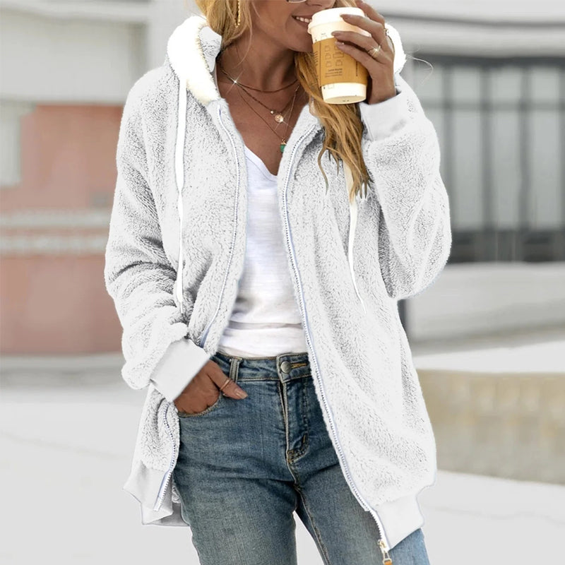 Harlow hooded teddy coat in white, front view
