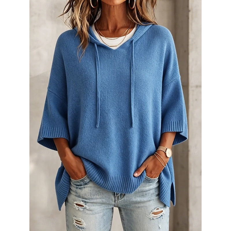 Harlow oversized hooded sweater with batwing sleeves, front view close-up