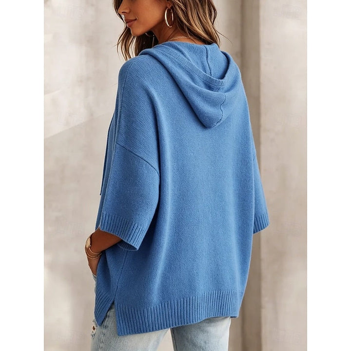 Harlow hooded sweater back view showing ribbed hem