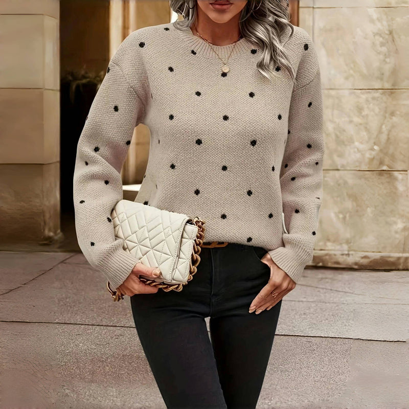 Harlow polka dot knit sweater styled with quilted handbag