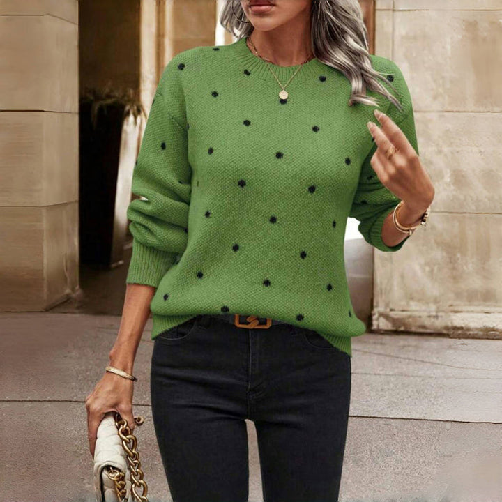 Harlow polka dot sweater in green colorway, front view