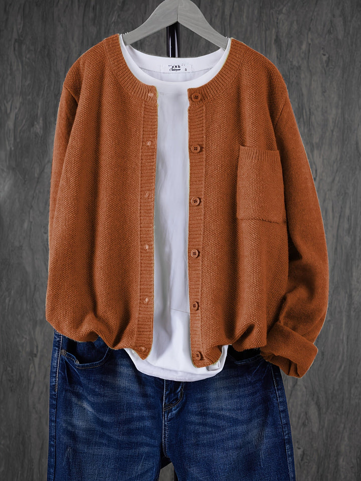 Harlow relaxed button-front cardigan in yellowish brown, front view on hanger