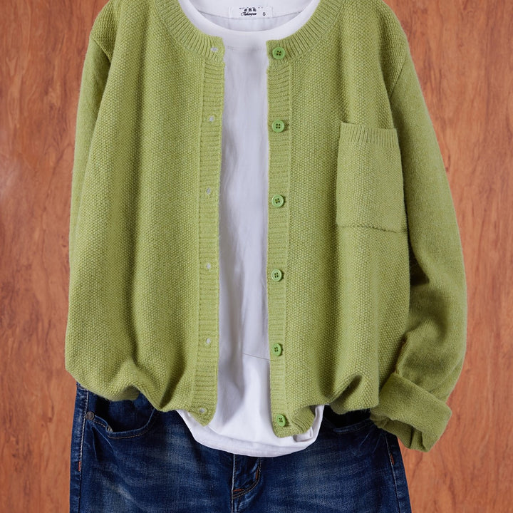 Harlow relaxed button-front cardigan in greenish yellow, close-up front detail