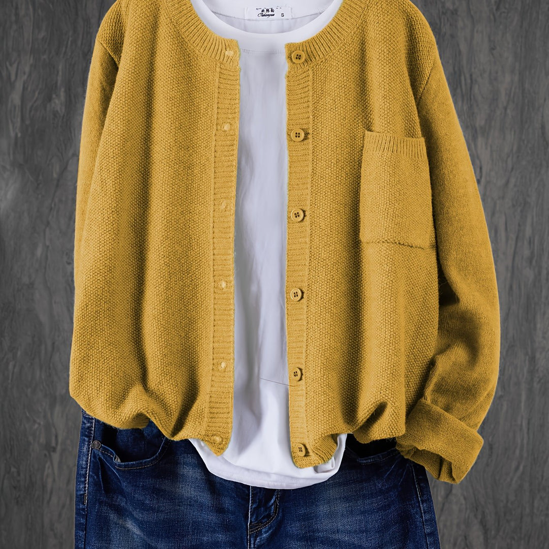 Harlow relaxed button-front cardigan in apricot, close-up front detail