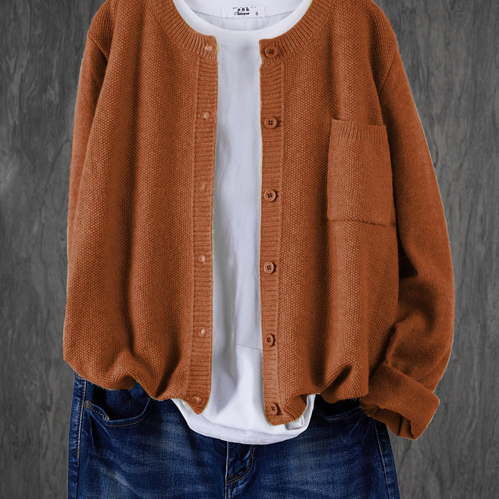 Harlow relaxed button-front cardigan in yellowish brown, close-up front detail