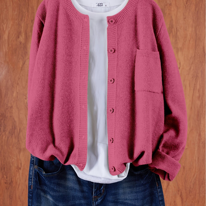 Harlow relaxed button-front cardigan in dark pink, close-up front detail