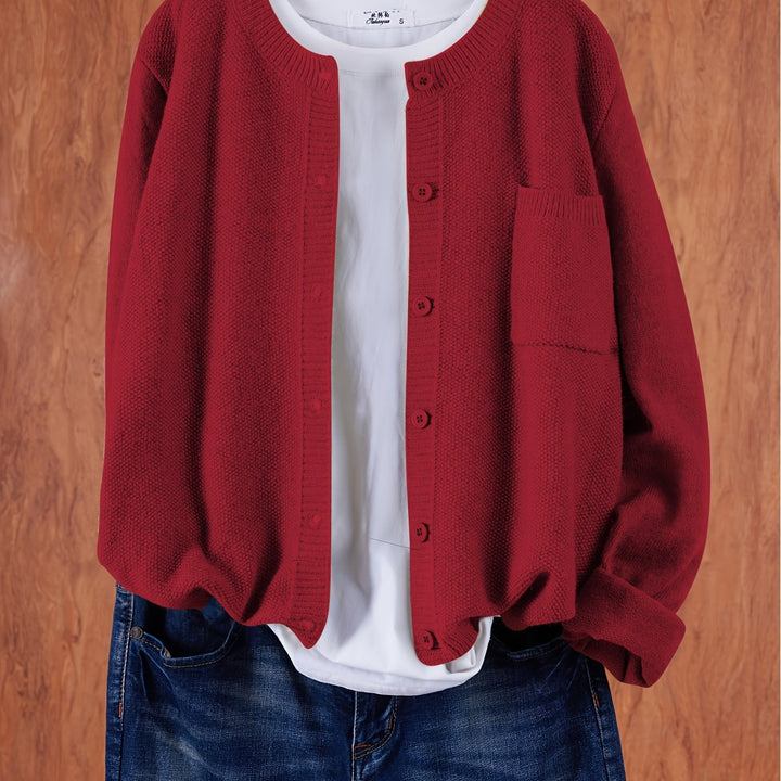Harlow relaxed button-front cardigan in red, close-up front detail
