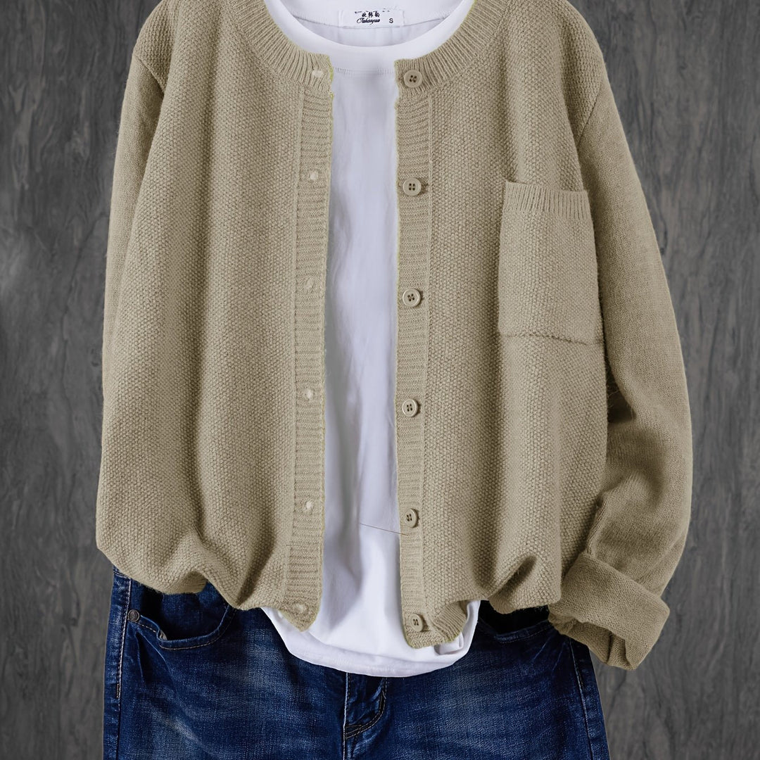 Harlow relaxed button-front cardigan in light brown, close-up front detail