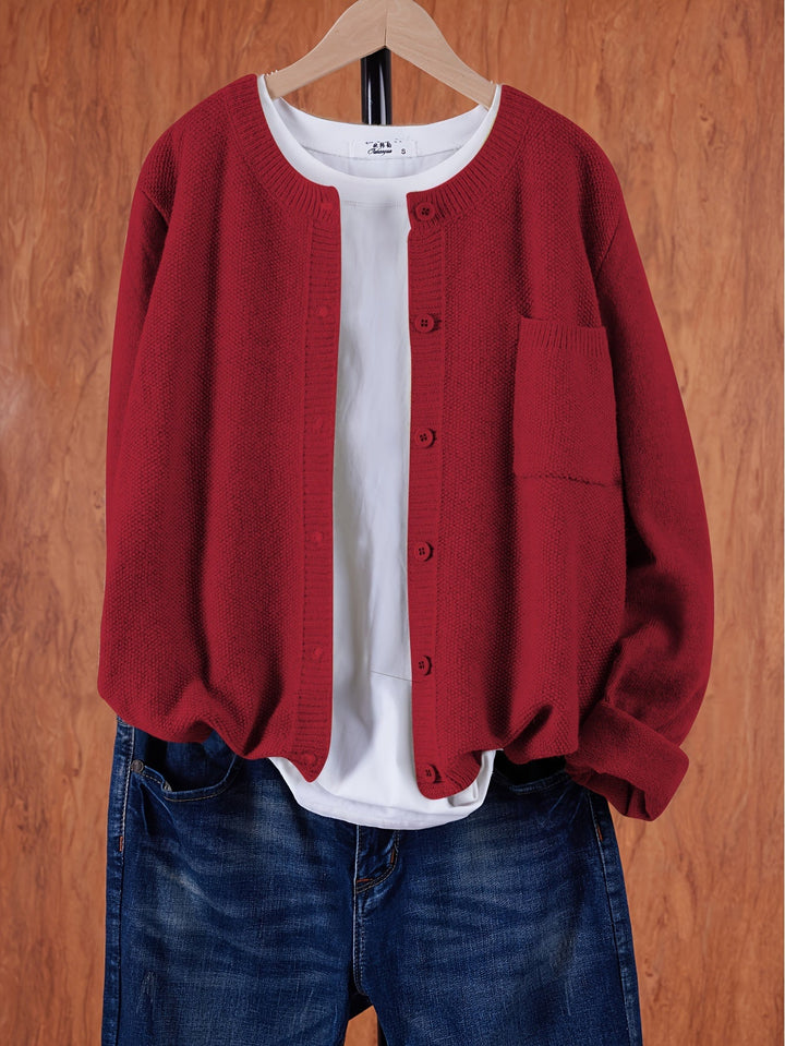 Harlow relaxed button-front cardigan in red, front view on hanger