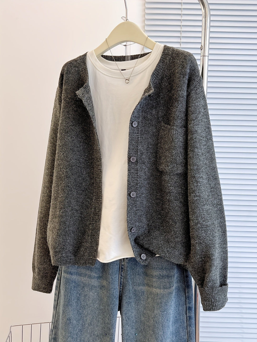 Harlow relaxed button-front cardigan in grey, styled with white tee and jeans