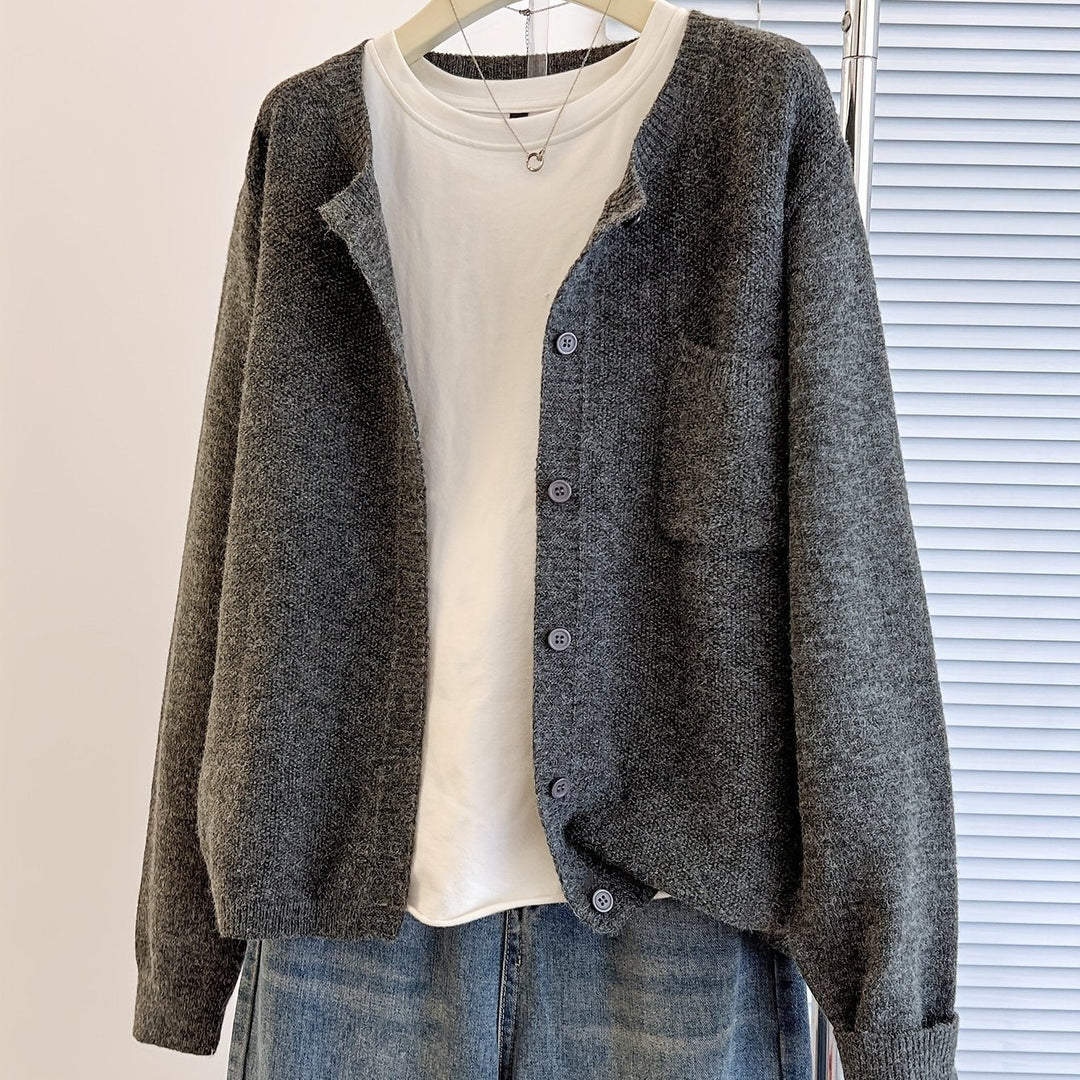 Harlow relaxed button-front cardigan in grey, close-up styled look