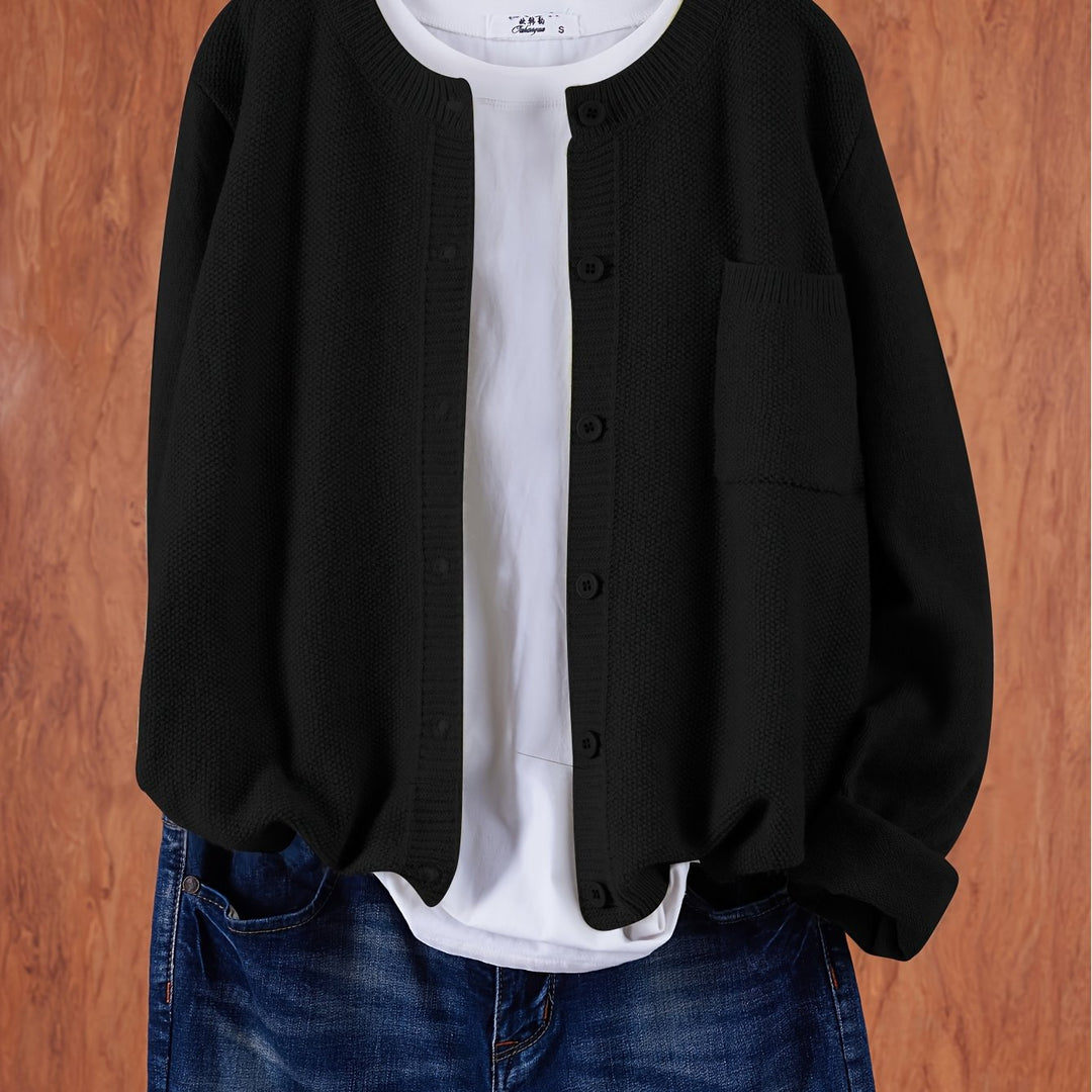 Harlow relaxed button-front cardigan in black, close-up front detail