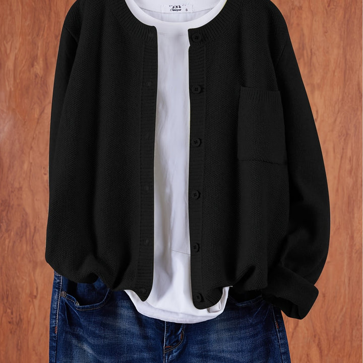 Harlow relaxed button-front cardigan in black, close-up front detail