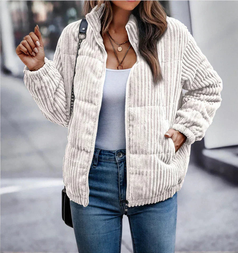 Harlow ribbed puffer jacket in white, front view with hand in pocket