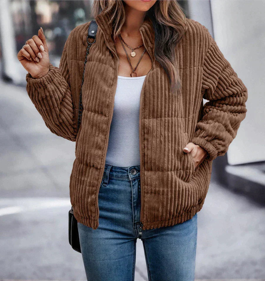 Harlow ribbed puffer jacket in brown, front view with hand in pocket