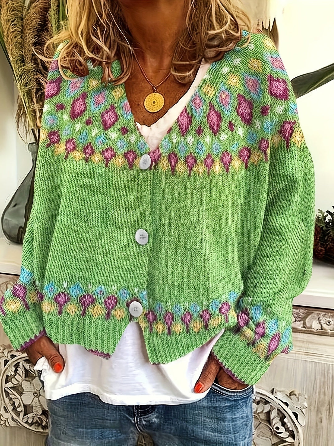 Harriet Fair Isle knit cardigan in green, front view close-up