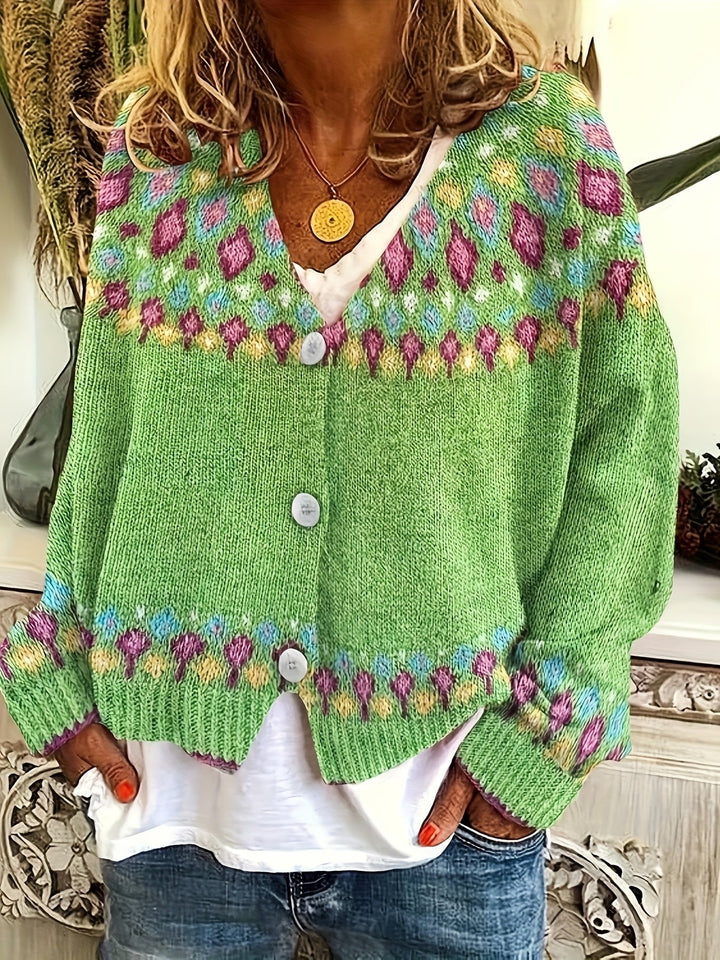 Harriet Fair Isle knit cardigan in green, front view close-up