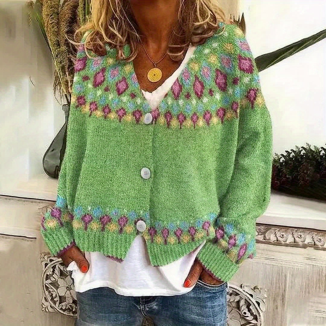 Harriet Fair Isle knit cardigan in green, front view on model