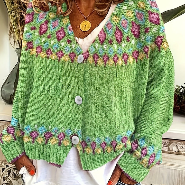 Harriet Fair Isle knit cardigan in green, front view close-up