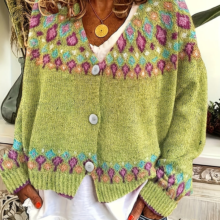 Harriet Fair Isle knit cardigan in greenish yellow, front view close-up
