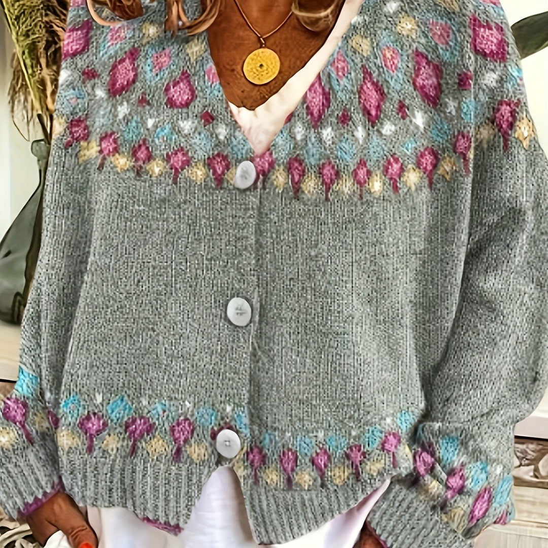 Harriet Fair Isle knit cardigan in grey, front view close-up