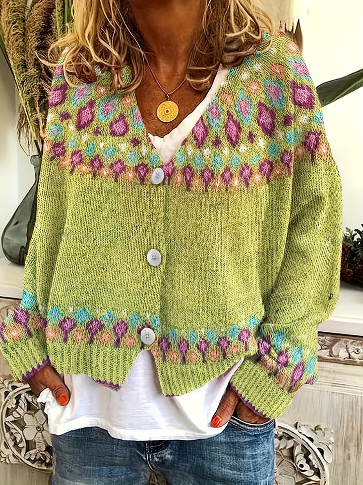 Harriet Fair Isle knit cardigan in greenish yellow, front view close-up