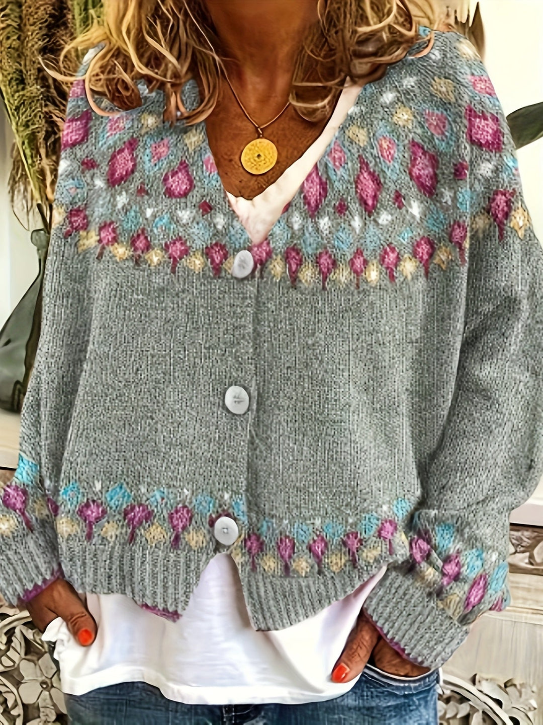 Harriet Fair Isle knit cardigan in grey, front view close-up