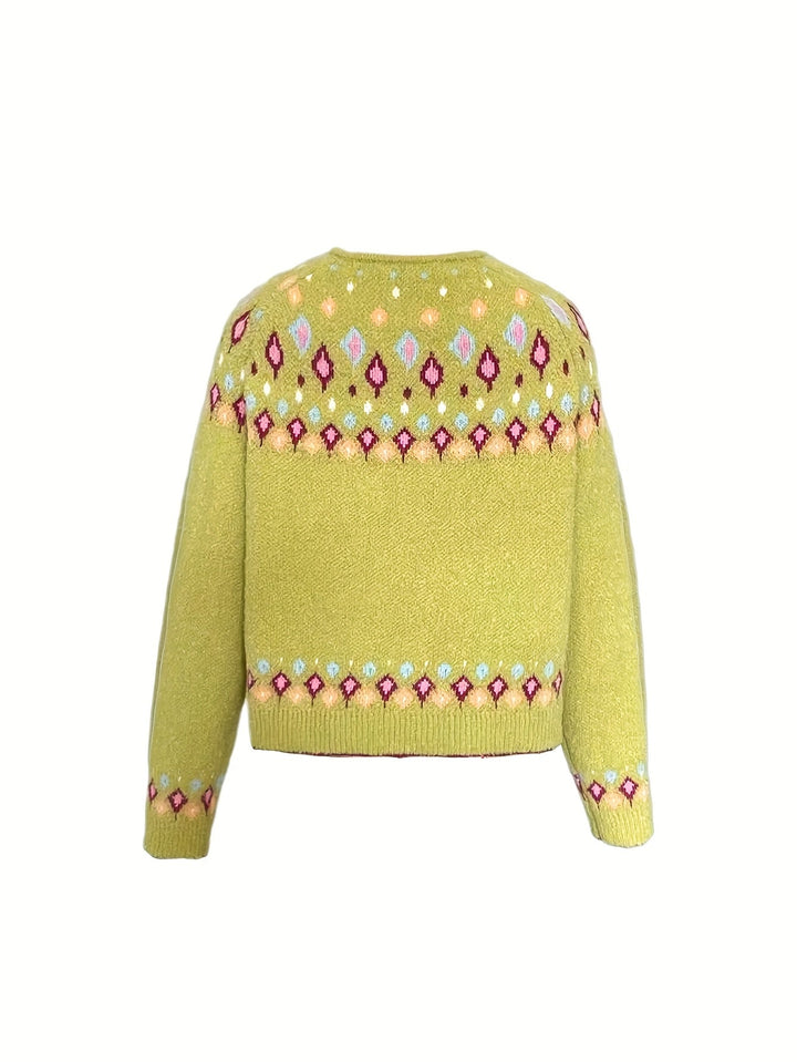 Harriet Fair Isle knit cardigan in greenish yellow, flat lay back view
