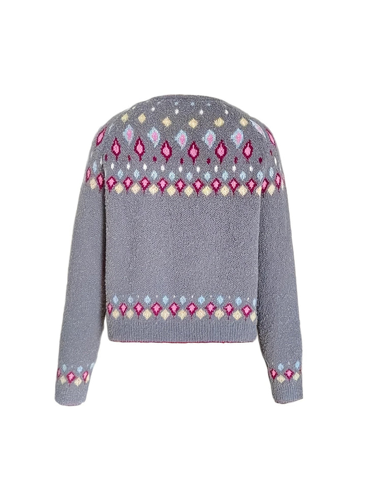 Harriet Fair Isle knit cardigan in grey, flat lay back view