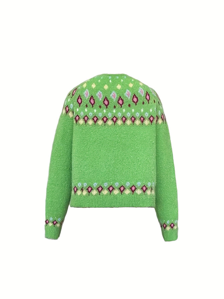 Harriet Fair Isle knit cardigan in green, flat lay back view