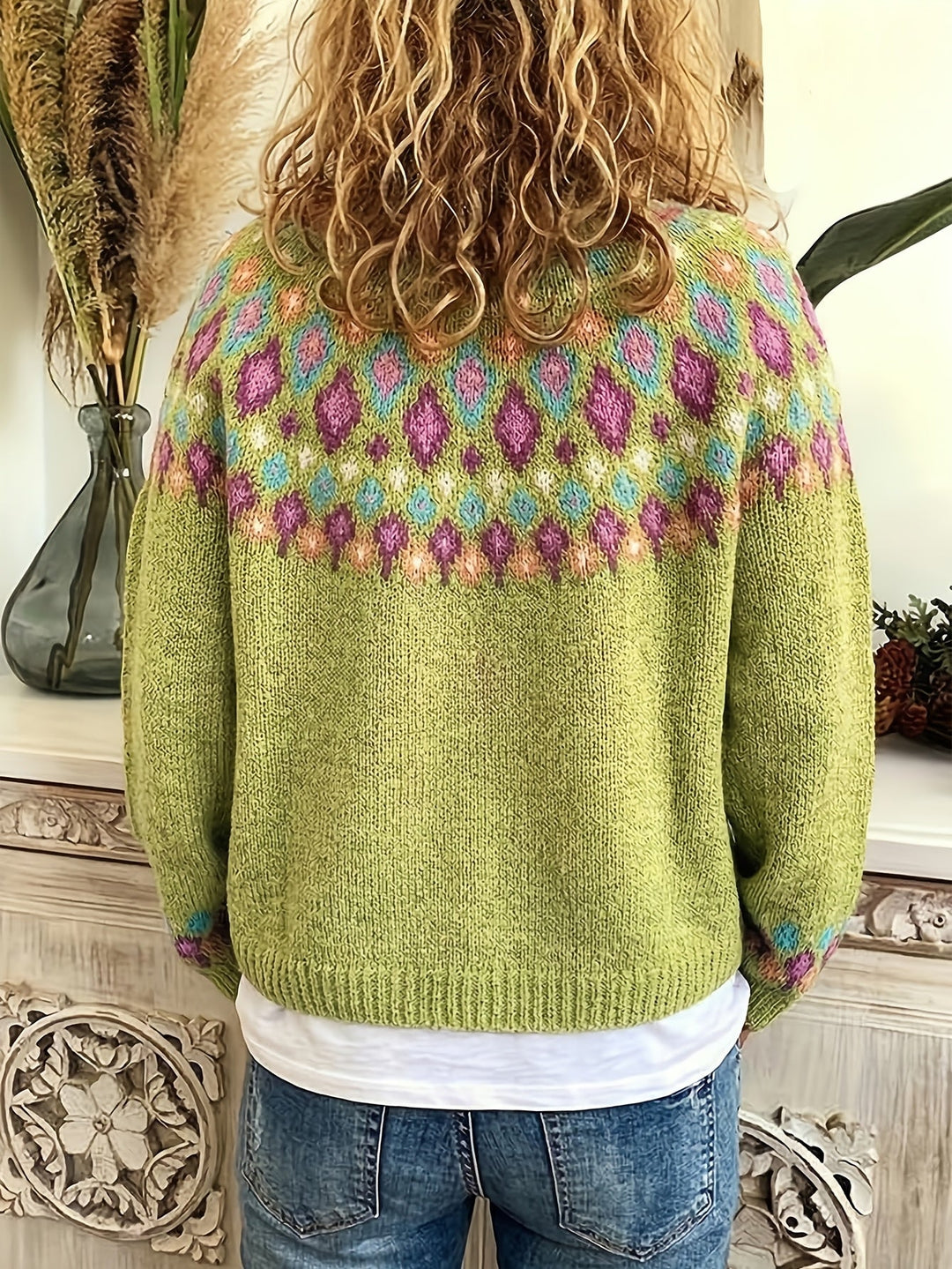 Harriet Fair Isle knit cardigan in green, back view on model