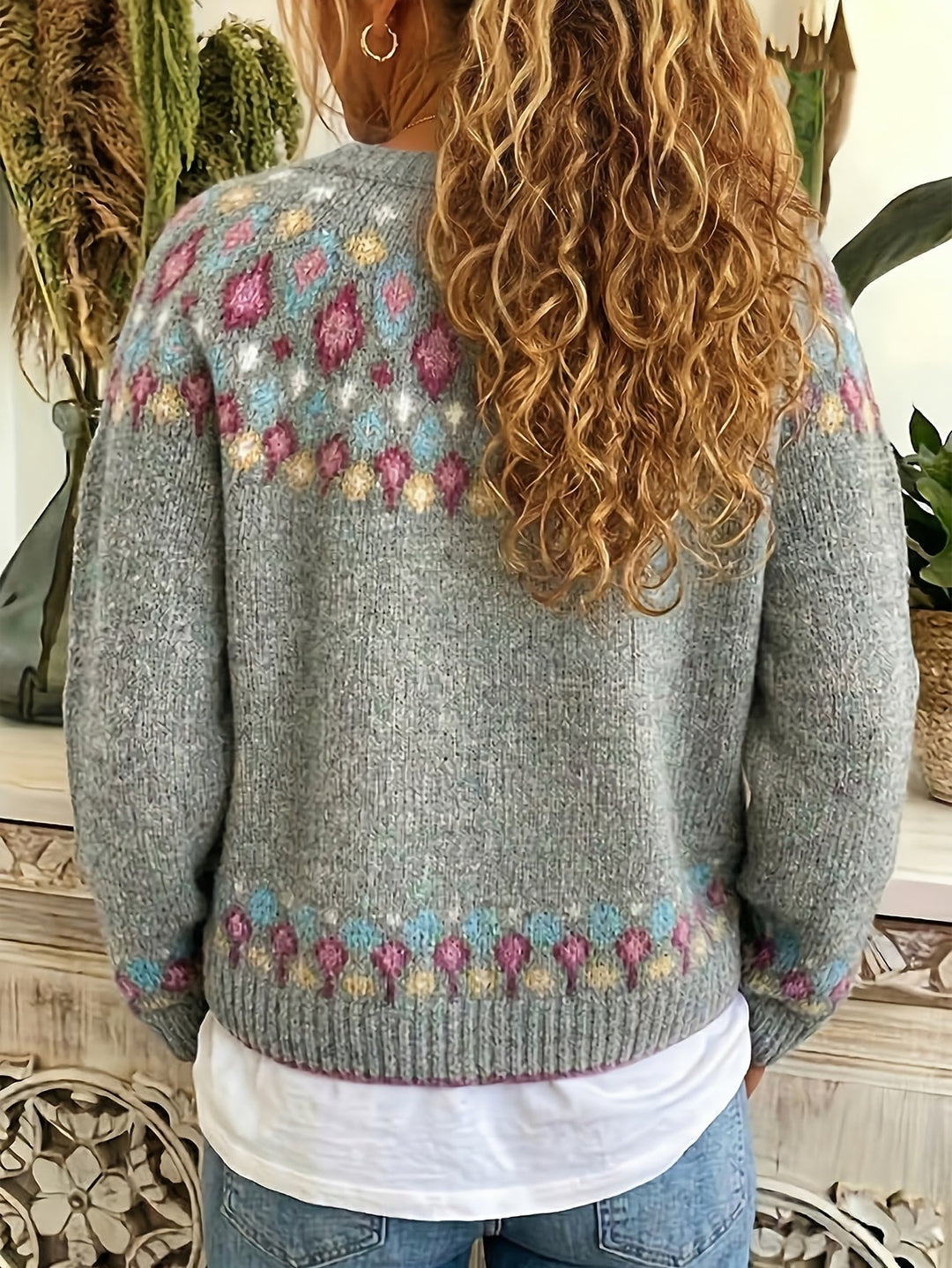 Harriet Fair Isle knit cardigan in grey, back view on model