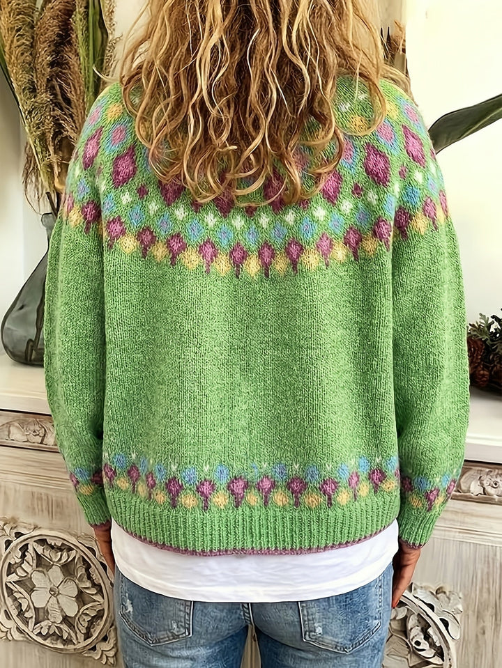 Harriet Fair Isle knit cardigan in green, back view on model