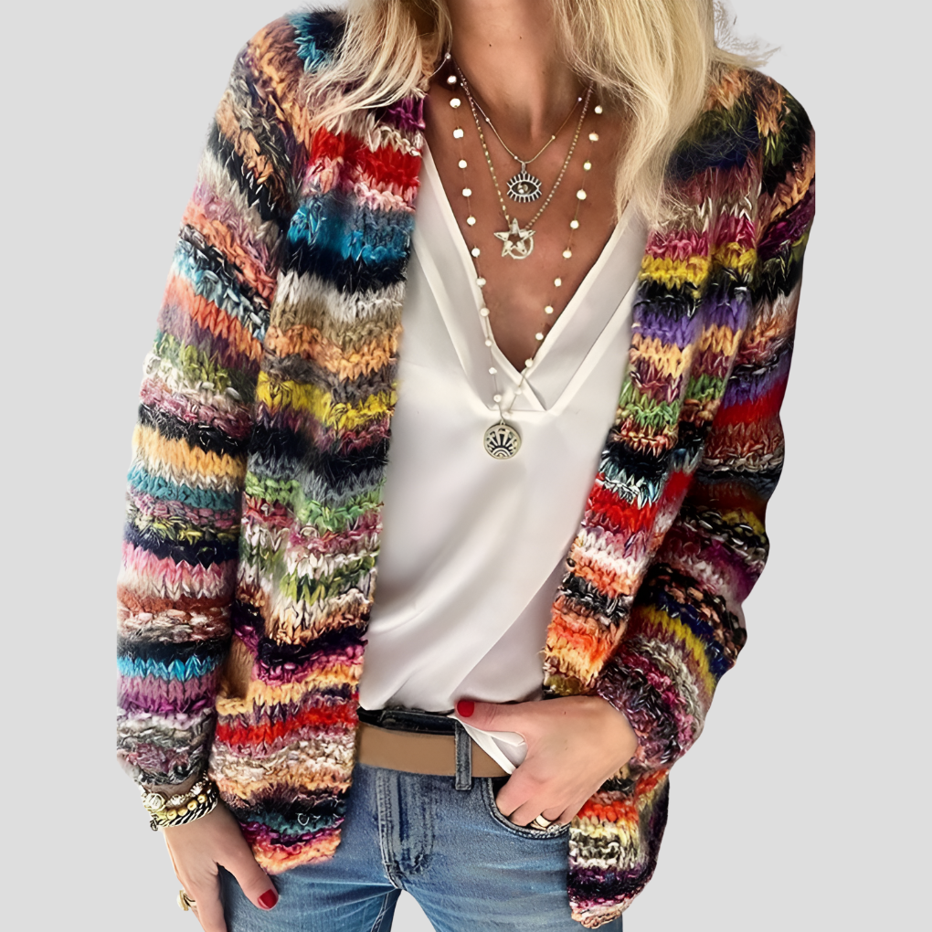 Isadora colorful striped knit open front cardigan, close-up front view