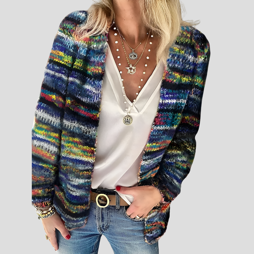 Isadora blue-toned striped knit open front cardigan, close-up front view