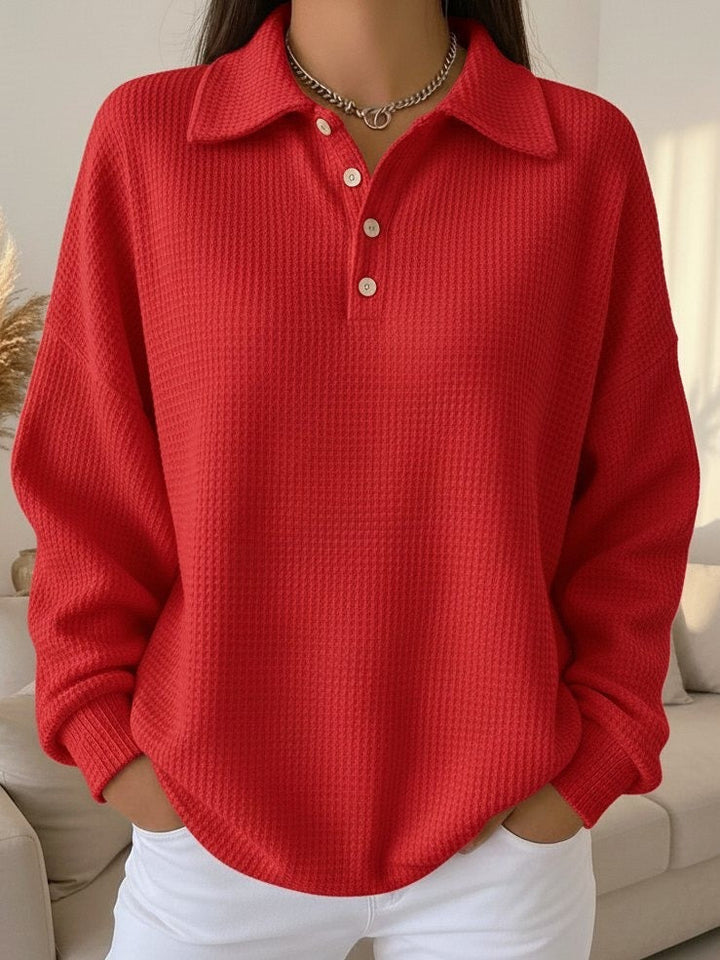 Isla red collared long sleeve sweater with button placket, front view