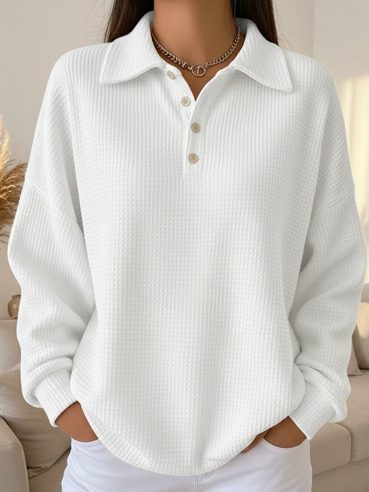 Isla white collared long sleeve sweater, front view