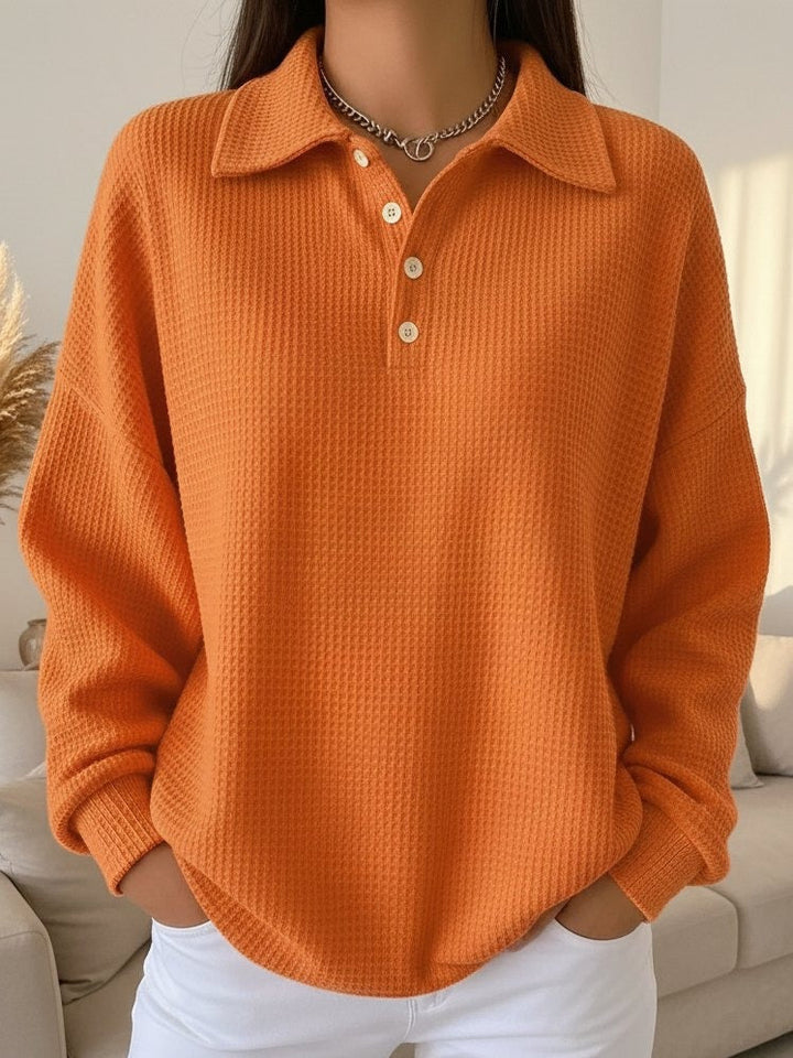 Isla orange collared long sleeve sweater, front view