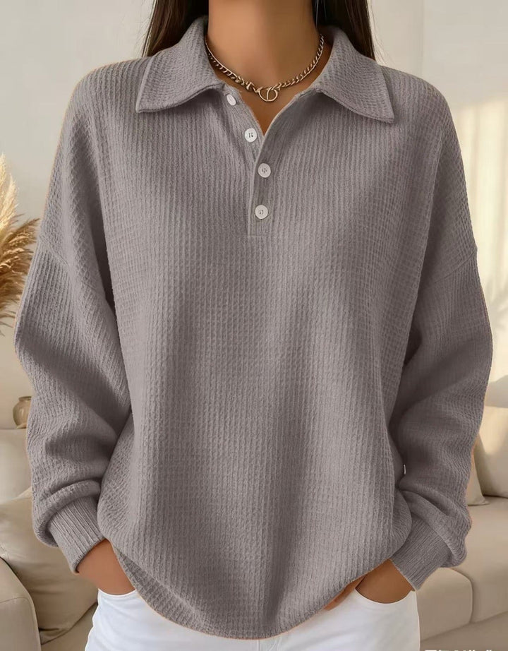 Isla grey collared long sleeve sweater, close-up front view