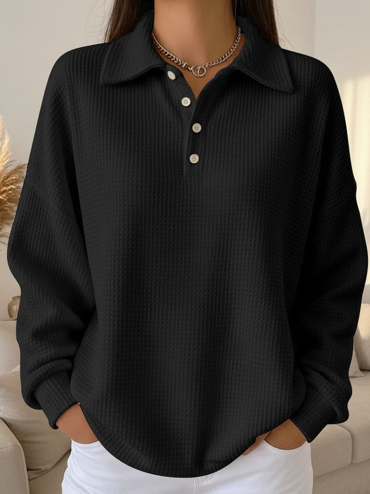 Isla black collared long sleeve sweater, front view