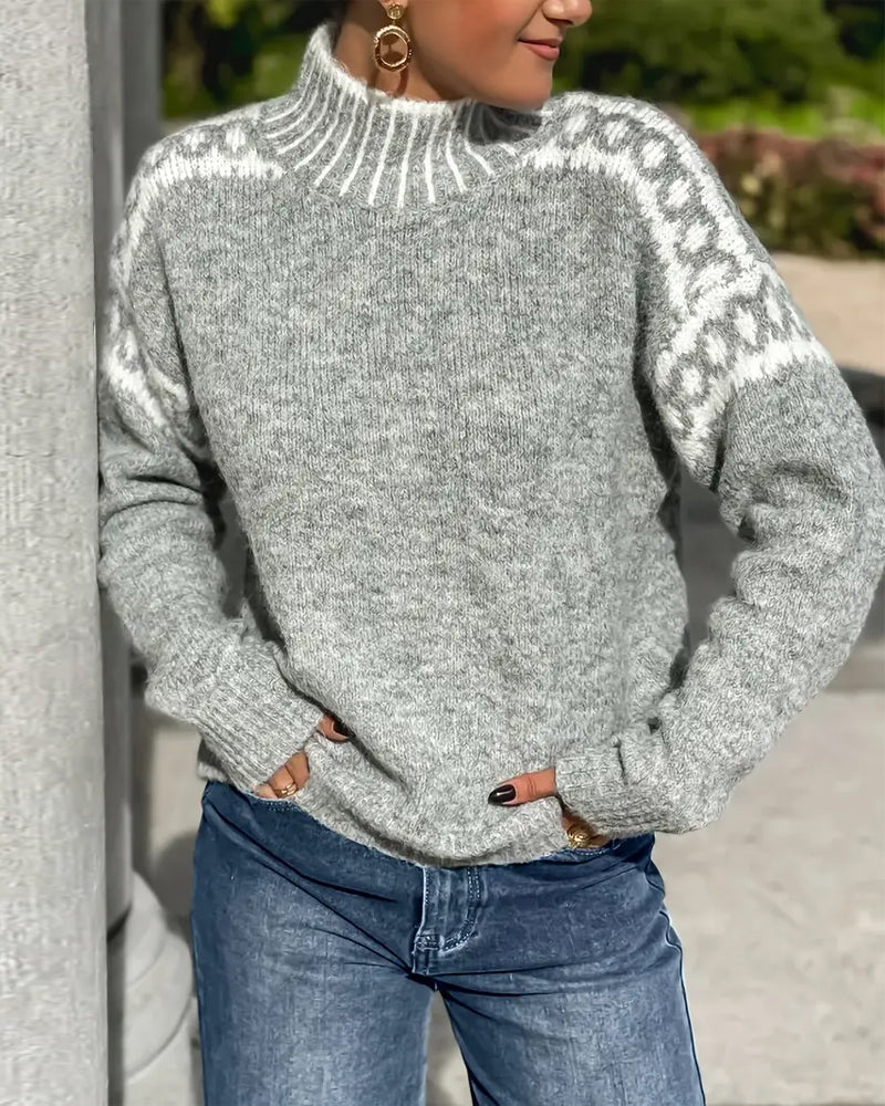Isla Fair Isle mock neck sweater in gray, close-up front view