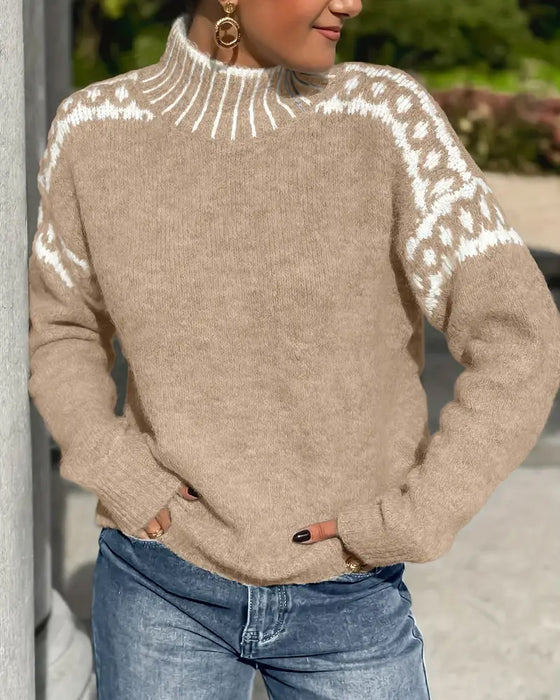 Isla Fair Isle mock neck sweater in khaki, front view
