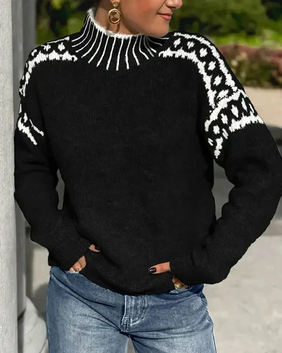 Isla Fair Isle mock neck sweater in black, front view
