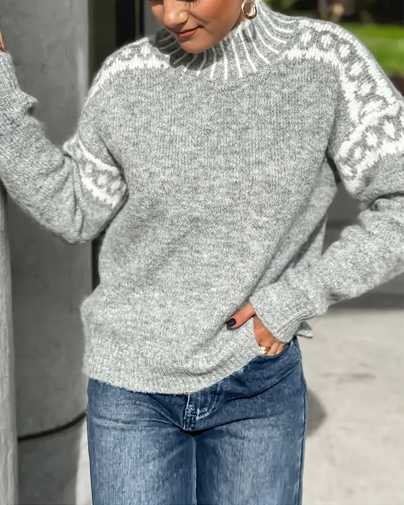 Isla Fair Isle mock neck sweater in gray, side angle view