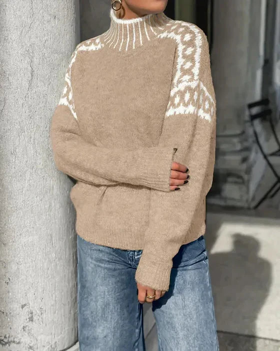 Isla Fair Isle mock neck sweater in khaki, side view