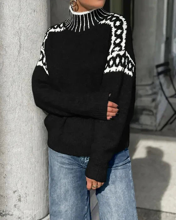 Isla Fair Isle mock neck sweater in black, side view
