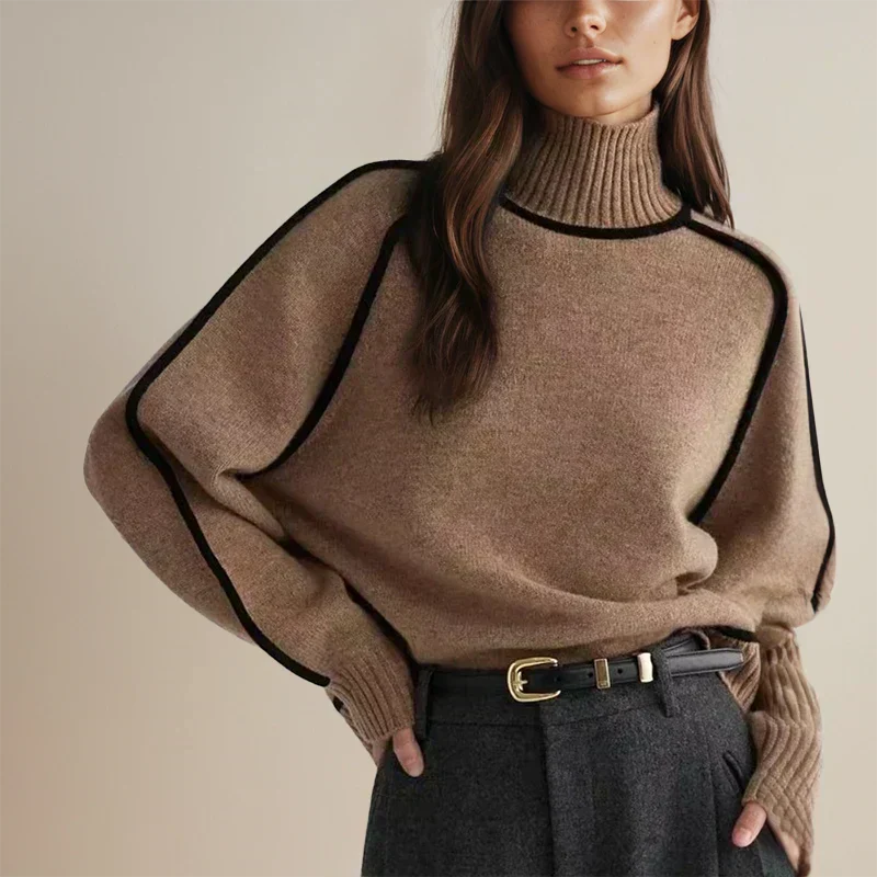 Isolde brown turtleneck sweater with contrast piping, front view